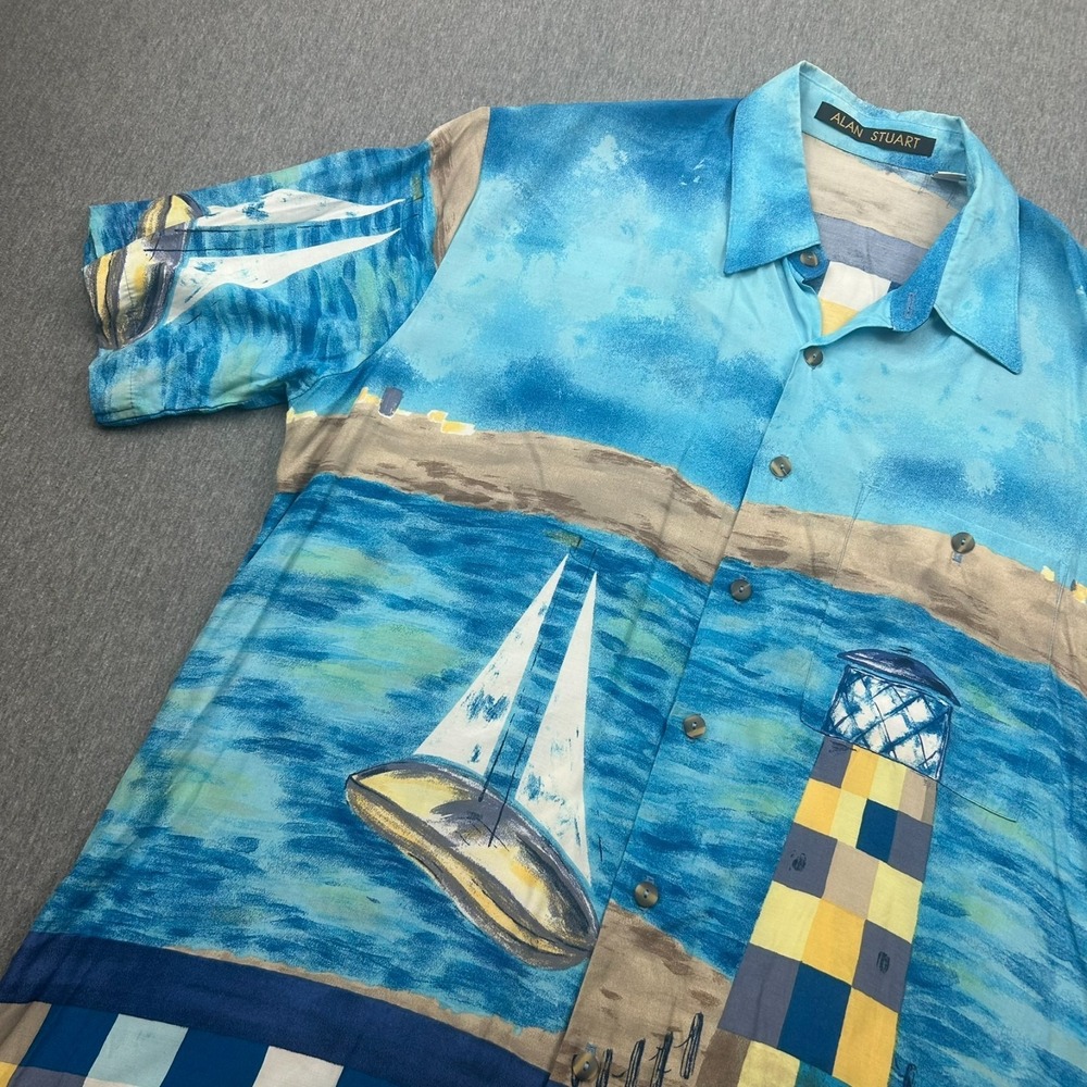 Alan Stuart Short Sleeve Hawaiian Camp Shirt Mens Large Blue Sailboat Lighthouse